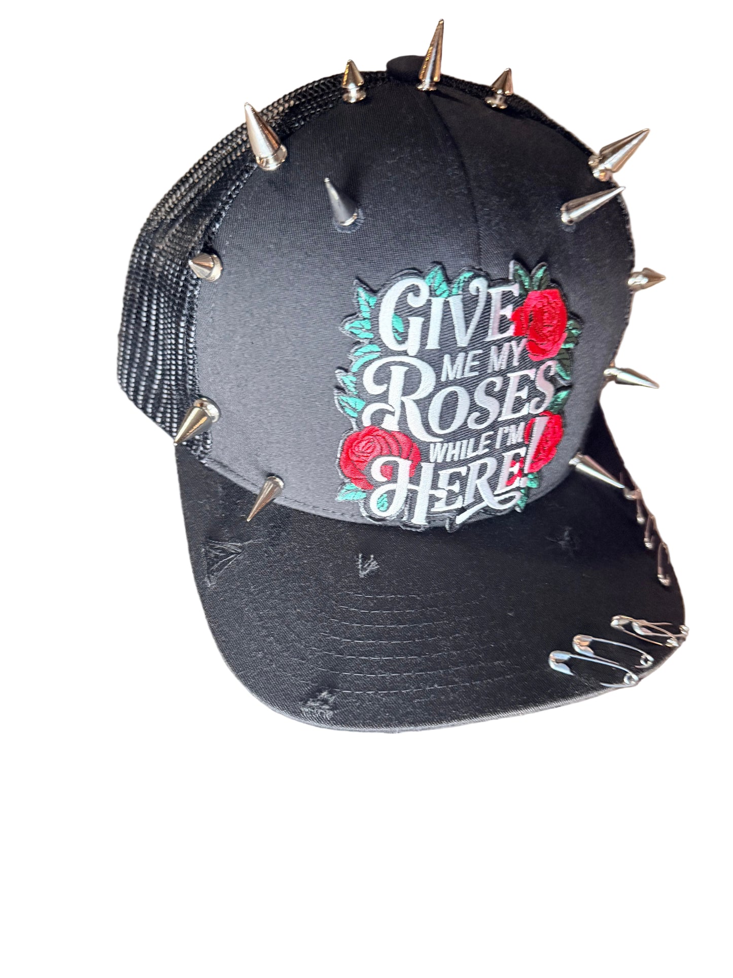Trucker Hat, Give me my roses while I’m here, Mesh back trucker hat